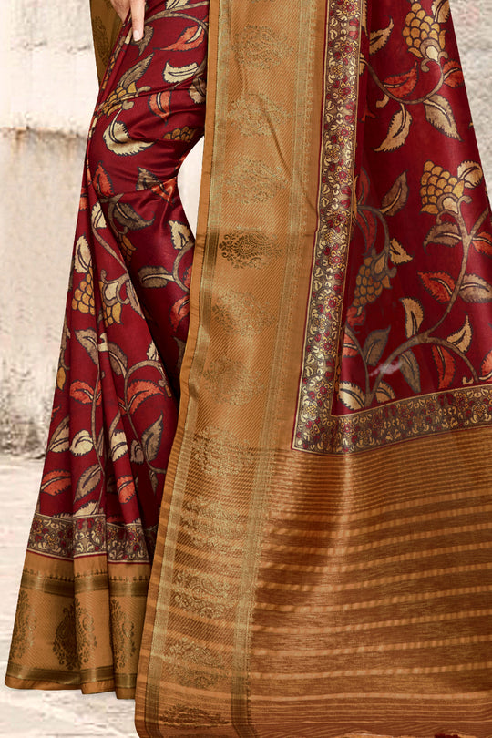 Maroon And Gold Digital Print Saree