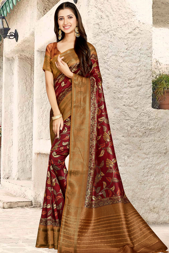 Maroon And Gold Digital Print Saree