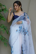 White And Blue Organza Saree