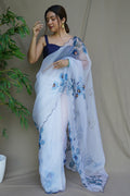 White And Blue Organza Saree