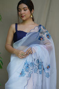 White And Blue Organza Saree