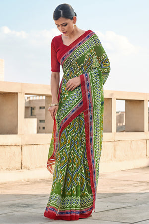 Green And Red Mulmul Cotton Saree