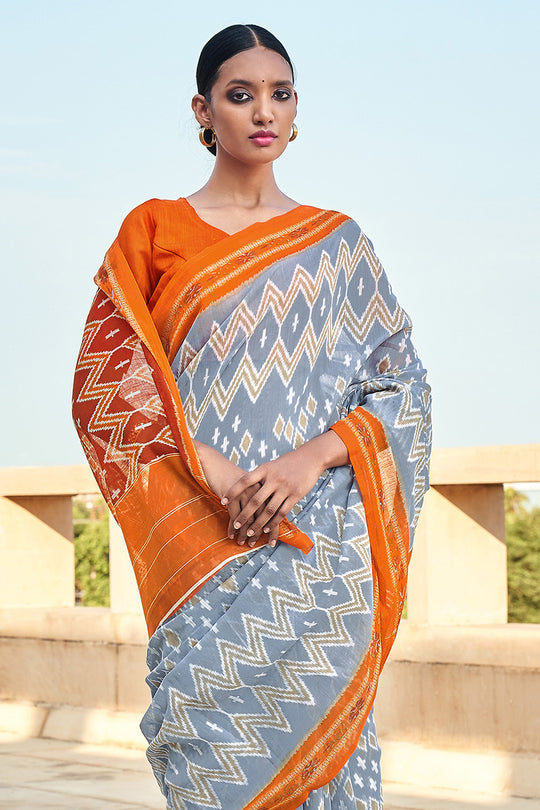 Grey And Orange Mulmul Cotton Saree