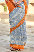 Grey And Orange Mulmul Cotton Saree