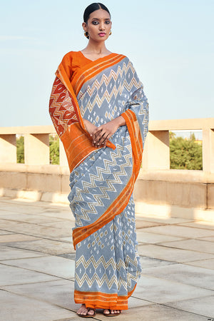 Grey And Orange Mulmul Cotton Saree