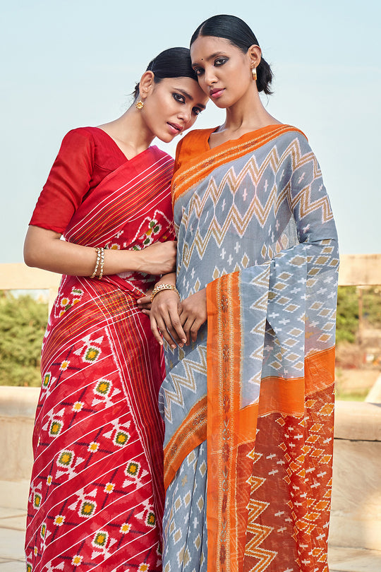 Grey And Orange Mulmul Cotton Saree