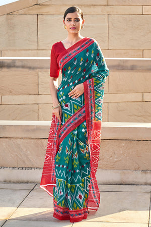 Blue And Red Mulmul Cotton Saree