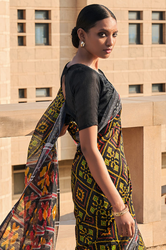 Green And Black Mulmul Cotton Saree