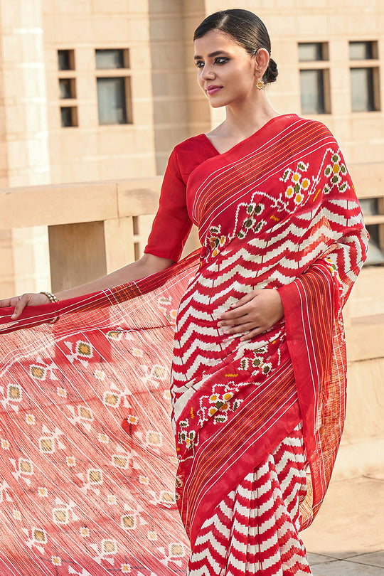 Red And White Mulmul Cotton Saree
