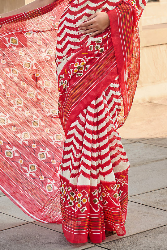 Red And White Mulmul Cotton Saree