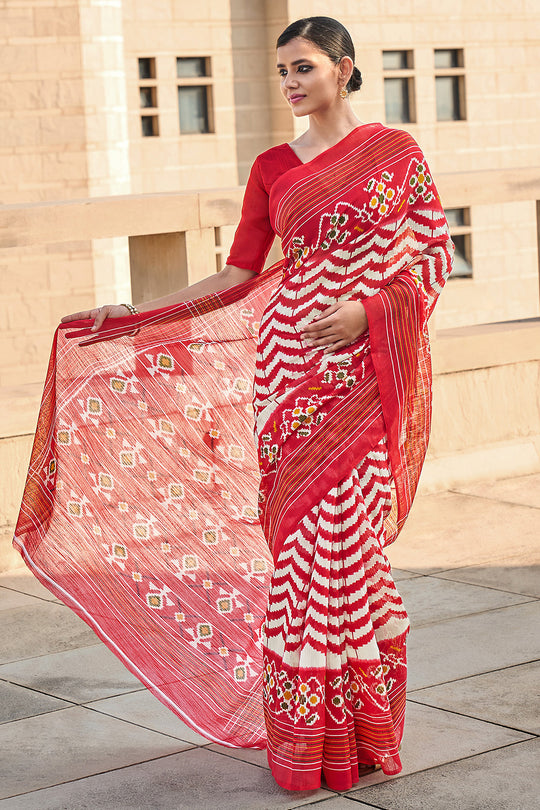 Red And White Mulmul Cotton Saree