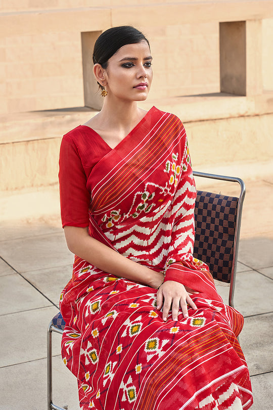 Red And White Mulmul Cotton Saree