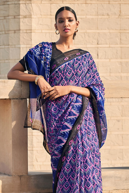 Blue And Black Mulmul Cotton Saree