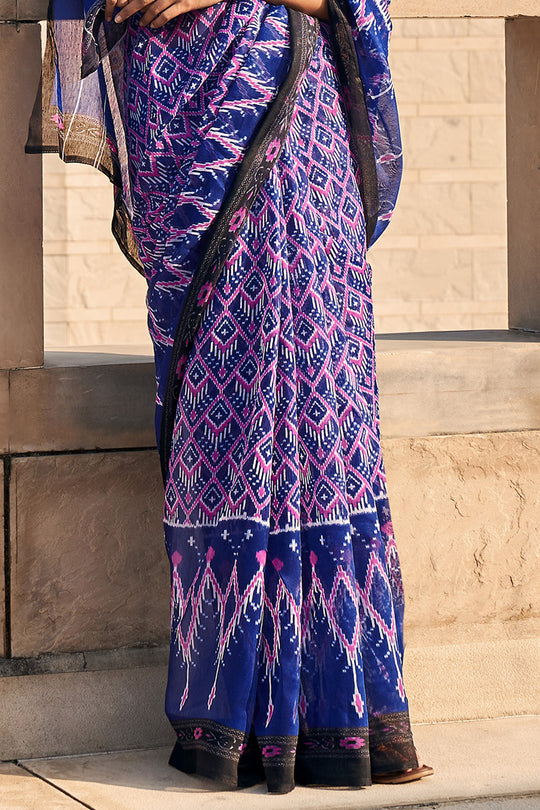 Blue And Black Mulmul Cotton Saree