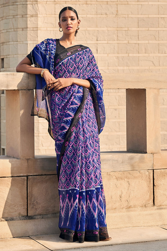 Blue And Black Mulmul Cotton Saree
