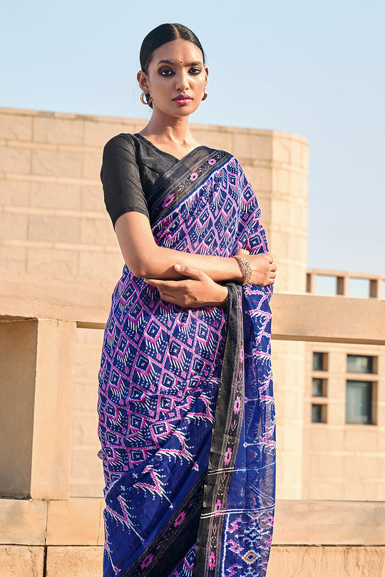 Blue And Black Mulmul Cotton Saree