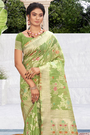 Lime Green Cotton Silk Saree