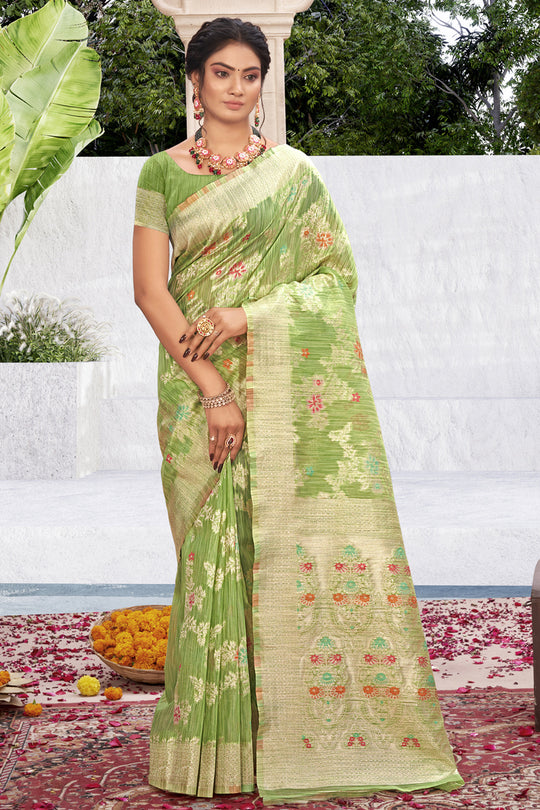 Lime Green Cotton Silk Saree