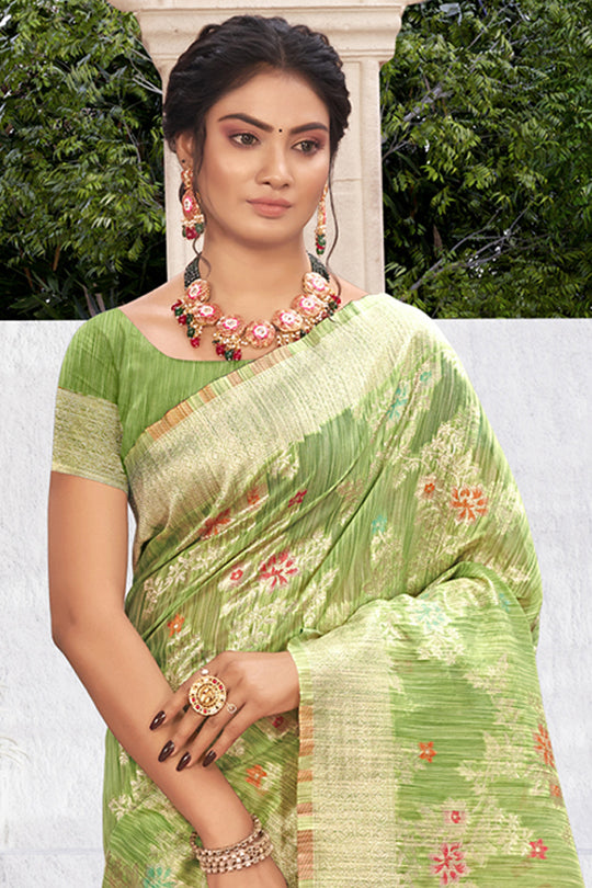 Lime Green Cotton Silk Saree
