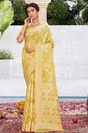 Lemon Yellow Cotton Silk Saree