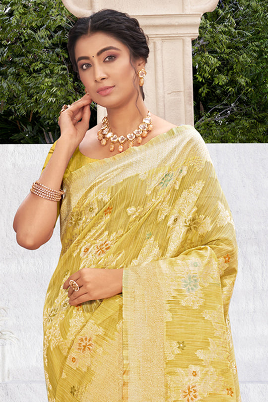 Lemon Yellow Cotton Silk Saree