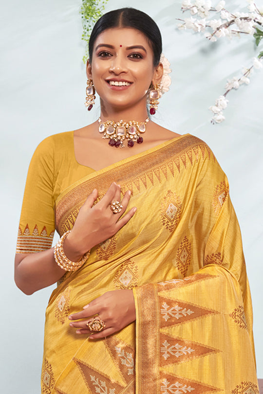 Canary Yellow Banarasi Silk Saree