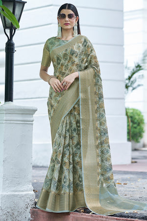 Tea Green Linen Blend Saree