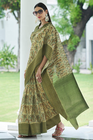 Moss Green Linen Blend Saree