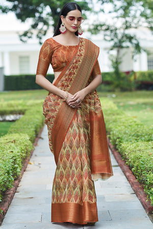 Papaya Orange Linen Blend Saree