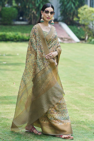 Artichoke Green Linen Blend Saree