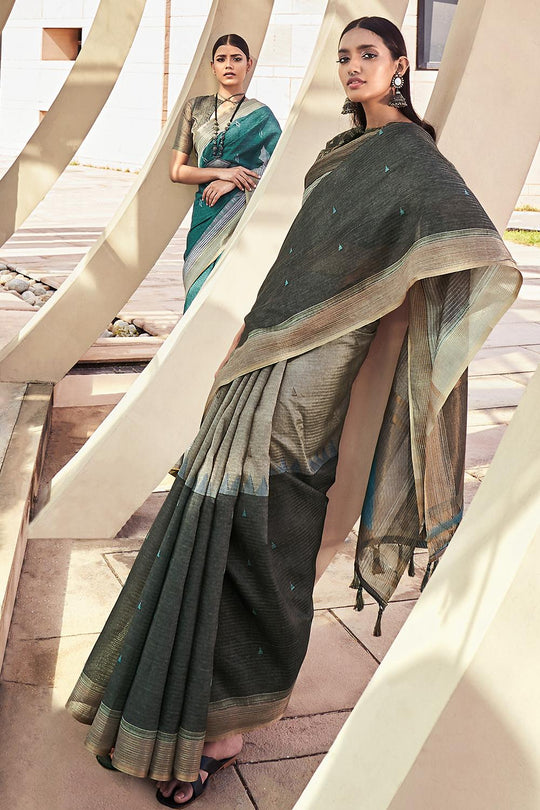 Uniform Green Digital Print Saree