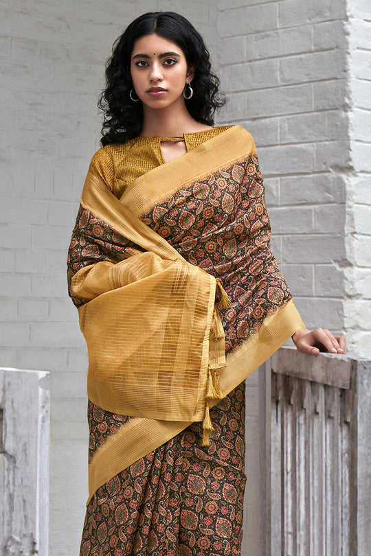 Brown And Yellow Digital Print Saree