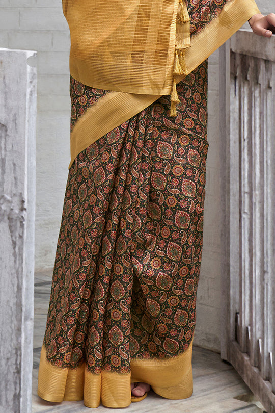 Brown And Yellow Digital Print Saree