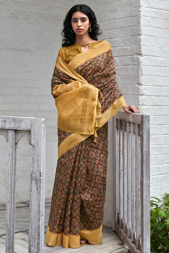 Brown And Yellow Digital Print Saree