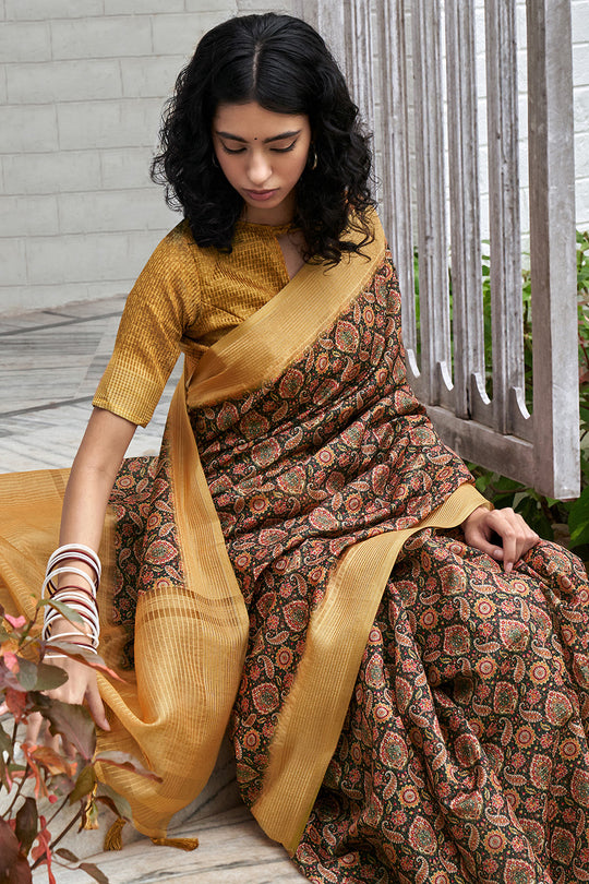 Brown And Yellow Digital Print Saree