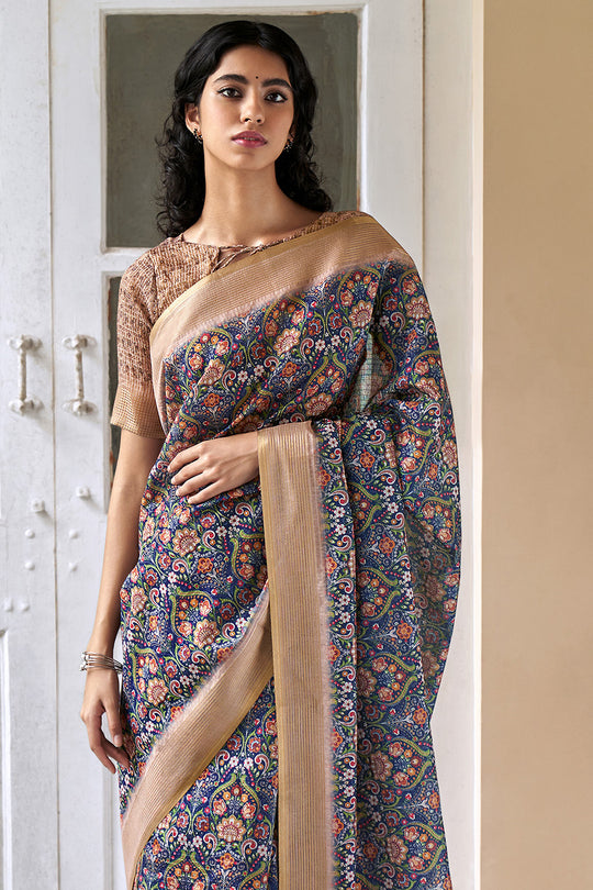 Grey And Beige Digital Print Saree