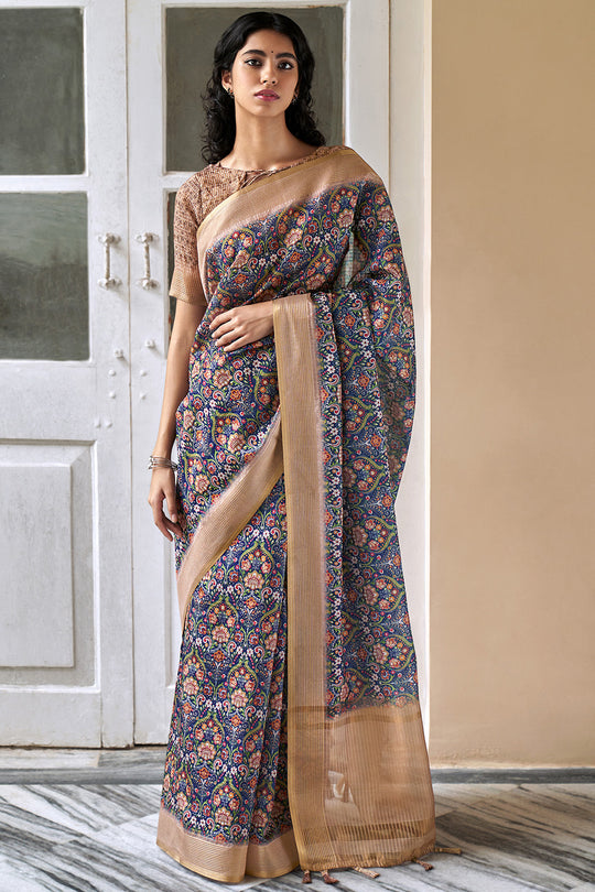 Grey And Beige Digital Print Saree