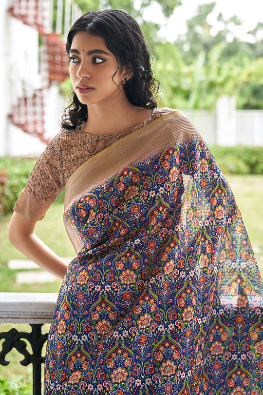 Grey And Beige Digital Print Saree