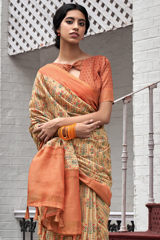 Beige And Orange Digital Print Saree