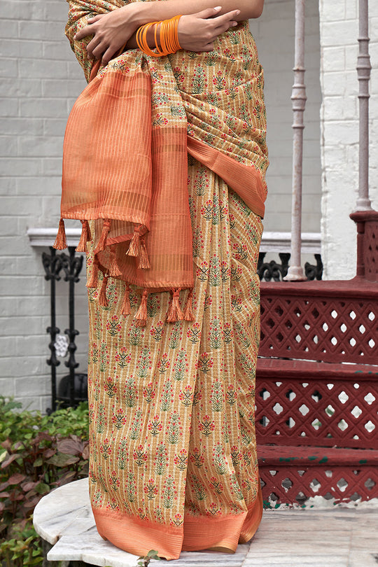 Beige And Orange Digital Print Saree