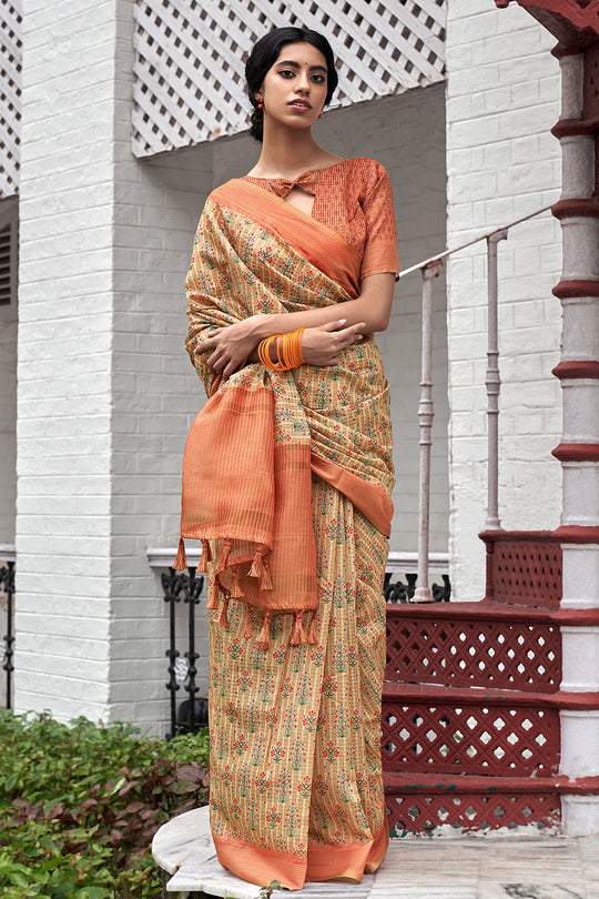 Beige And Orange Digital Print Saree