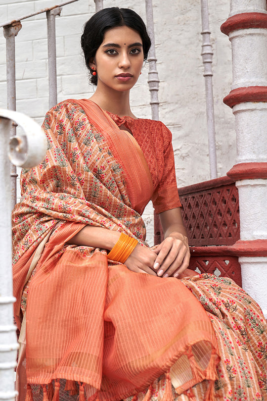 Beige And Orange Digital Print Saree