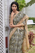 Grey And Beige Digital Print Saree