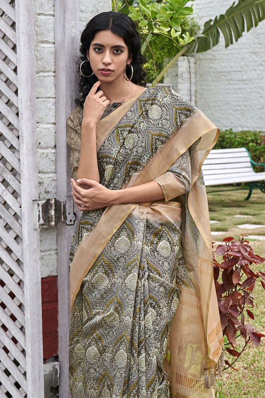 Grey And Beige Digital Print Saree