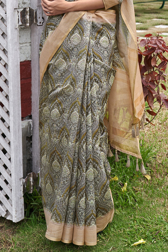 Grey And Beige Digital Print Saree