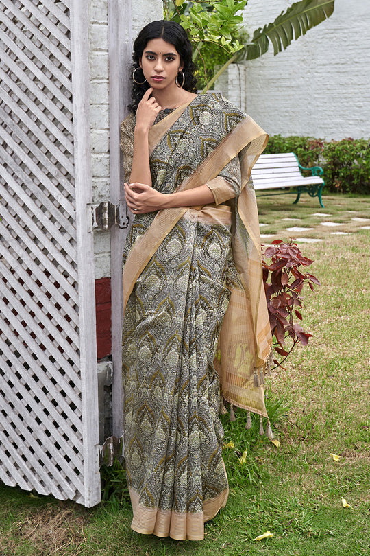 Grey And Beige Digital Print Saree