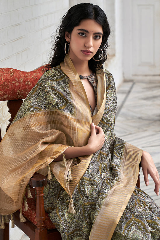 Grey And Beige Digital Print Saree