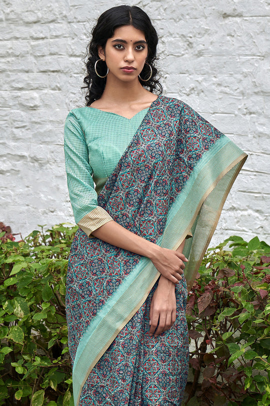 Blue And Green Digital Print Saree