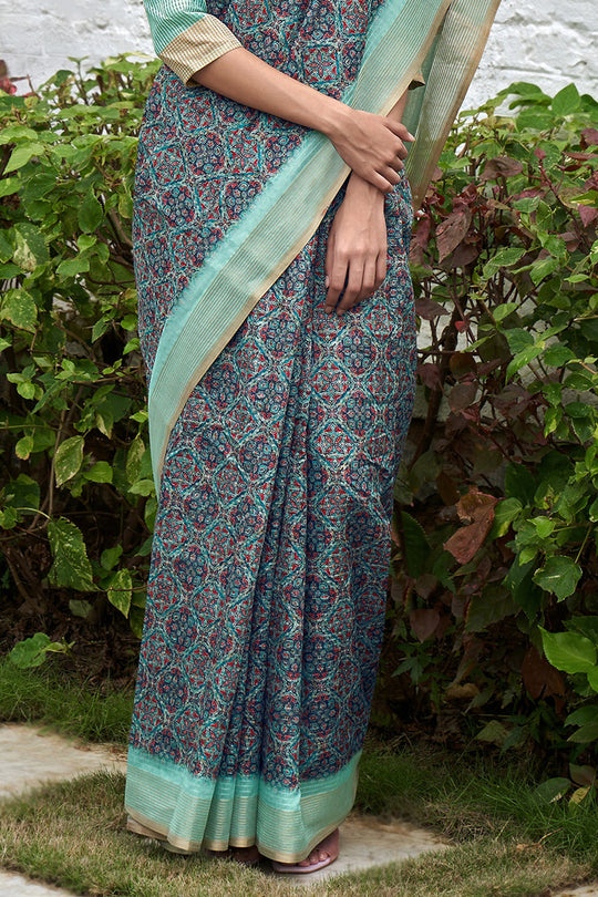 Blue And Green Digital Print Saree