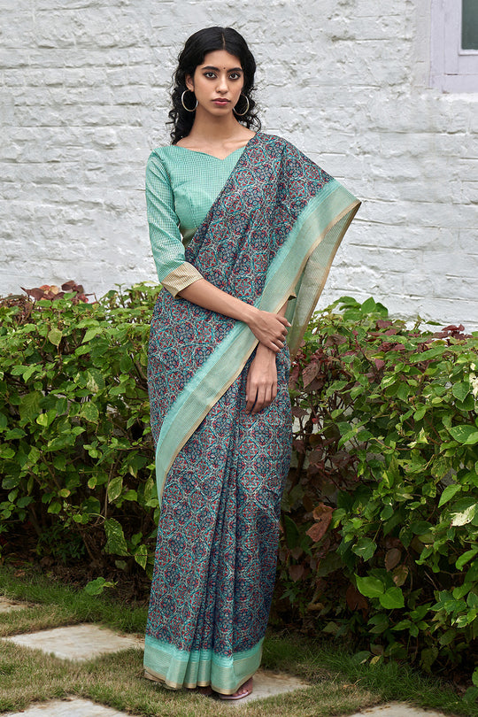 Blue And Green Digital Print Saree